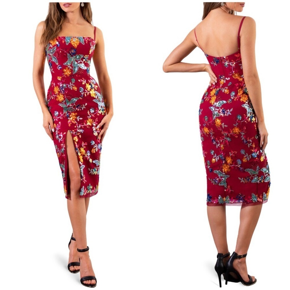 NWT Helsi Sonya Floral Sequin Cocktail Midi Dress Red Sz M